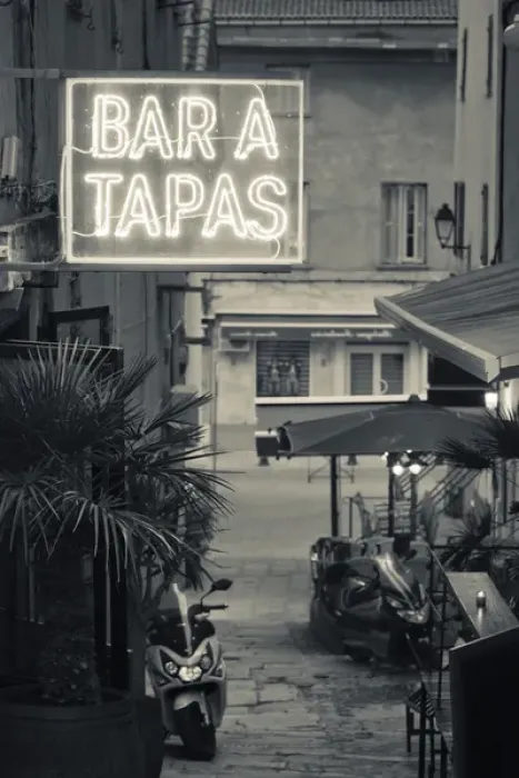 Framed Print : France, Corsica, Haute-Corse Department, La Balagne Region, Ile Rousse, neon sign for tapas bar Framed Print : France, Corsica, Haute-Corse Department, La Balagne Region, Ile Rousse, neon sign for tapas bar