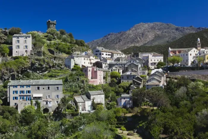 Framed Print : France, Corsica, Haute-Corse Department, Le Cap Corse, Nonza, elevated town view