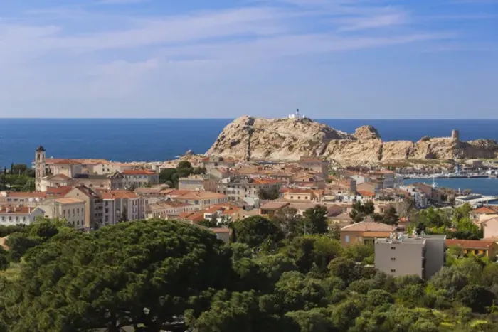 Framed Print : France, Corsica, Haute-Corse Department, La Balagne Region, Ile Rousse, elevated view of city Framed Print : France, Corsica, Haute-Corse Department, La Balagne Region, Ile Rousse, elevated view of city