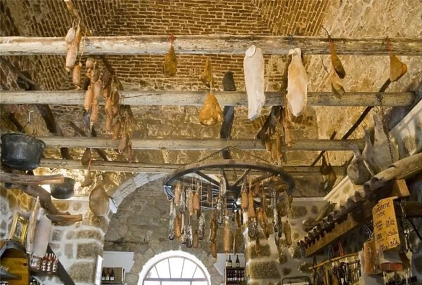 France, Corsica. Inside a charcuterie, a shop selling cured meats. Sartene