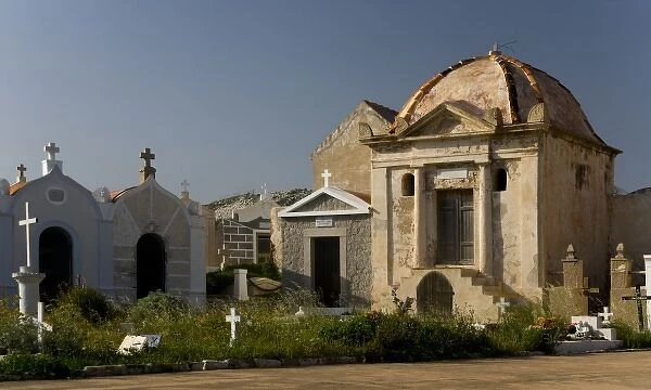 France, Corsica. Ornate mausoleums at the Marine Cemetry (Cimetiere Marin), Bosco
