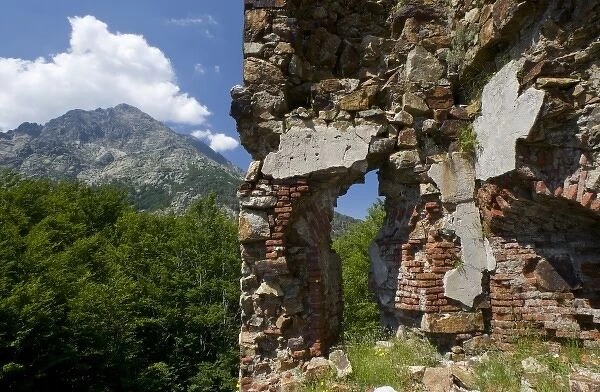 France, Corsica. Ruins of a Genoese fort and garrison at Col de Vizzavona. Monte