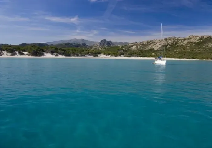 Framed Print : France, Corsica. Sailboat anchored in clear water off white sand of Saleccio Beach Framed Print : France, Corsica. Sailboat anchored in clear water off white sand of Saleccio Beach