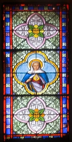 France, Corsica. Stained glass in church in Sartene