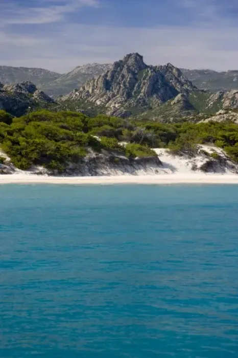 Framed Print : France, Corsica. White sand and clear water at Saleccio Beach below rugged terrain of DA Framed Print : France, Corsica. White sand and clear water at Saleccio Beach below rugged terrain of DA