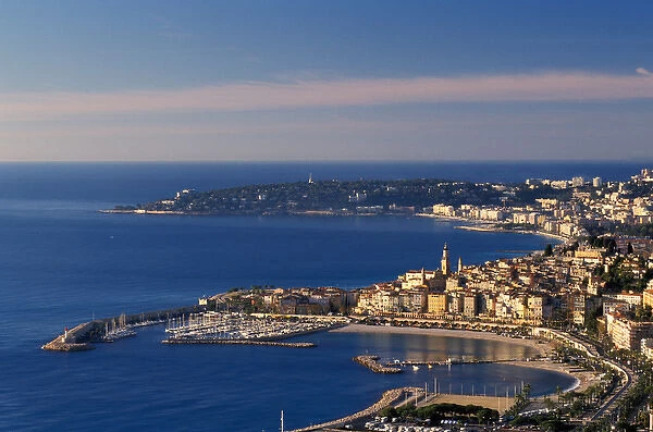 France, Cote d Azur, Menton with Cap Martin in the distance
