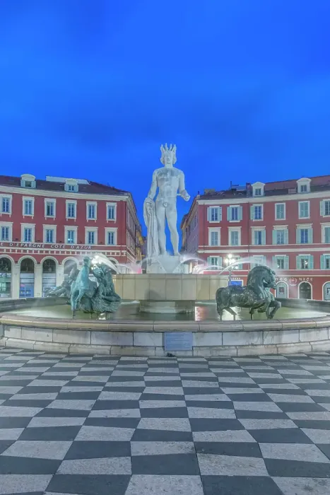 Framed Print : France, Cote d Azur, Nice. Sun Fountain at Place Massena with Statue of Apollo at dawn Framed Print : France, Cote d Azur, Nice. Sun Fountain at Place Massena with Statue of Apollo at dawn