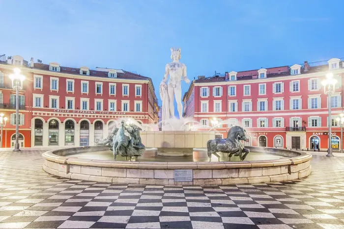 Framed Print : France, Cote d Azur, Nice. Sun Fountain at Place Massena with Statue of Apollo at dawn Framed Print : France, Cote d Azur, Nice. Sun Fountain at Place Massena with Statue of Apollo at dawn