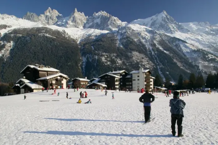 Framed Print : FRANCE-French Alps (Haute-Savoie)-CHAMONIX-MONT-BLANC: Skiers (NR) and Panorama of