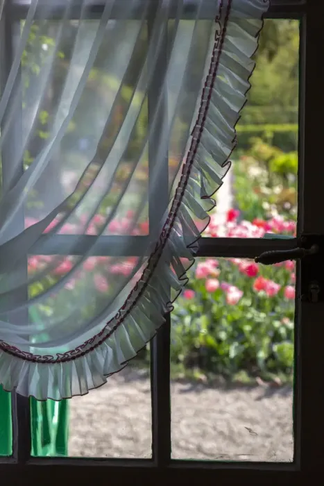 Framed Print : France, Giverny. Looking out at garden from kitchen in Monets house Framed Print : France, Giverny. Looking out at garden from kitchen in Monets house