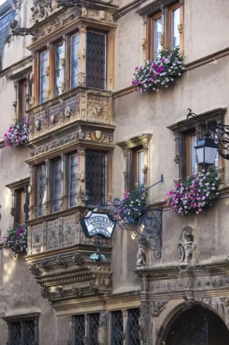 Framed Print : France, Haut-Rhin, Alsace Region, Alsatian Wine Route, Colmar, Maison des Tetes, detail Framed Print : France, Haut-Rhin, Alsace Region, Alsatian Wine Route, Colmar, Maison des Tetes, detail