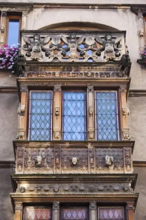 Framed Print : France, Haut-Rhin, Alsace Region, Alsatian Wine Route, Colmar, Maison des Tetes, detail Framed Print : France, Haut-Rhin, Alsace Region, Alsatian Wine Route, Colmar, Maison des Tetes, detail