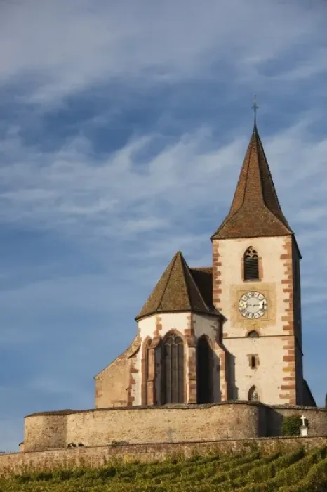 Framed Print : France, Haut-Rhin, Alsace Region, Alsatian Wine Route, Hunawihr, town church, autumn Framed Print : France, Haut-Rhin, Alsace Region, Alsatian Wine Route, Hunawihr, town church, autumn