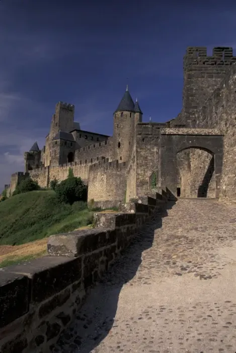 Framed Print : France, Languedoc, Aude, Carcassone Medieval city walls from the West - late afternoon