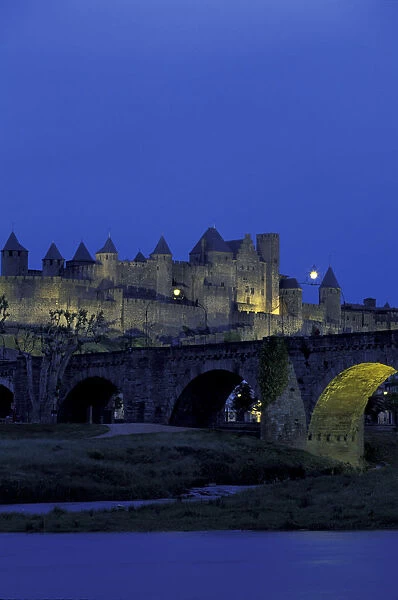 France, Languedoc, Aude, Carcassonne Medieval city and old bridge over River Aude