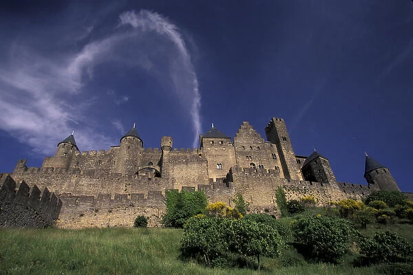 France, Languedoc, Aude, Carcassonne Medieval city walls from the West - late