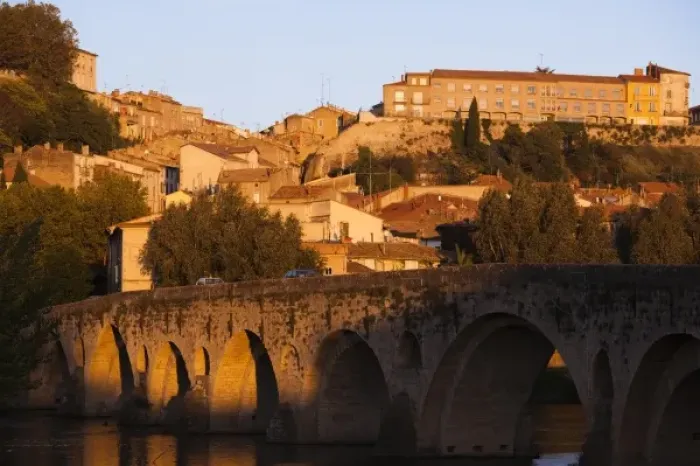 Framed Print : France, Languedoc-Roussillon, Herault Department, Beziers, Pont Vieux bridge, dusk Framed Print : France, Languedoc-Roussillon, Herault Department, Beziers, Pont Vieux bridge, dusk