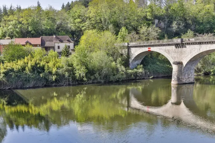 Framed Print : France, Lot River. Stone bridge over the Lot River