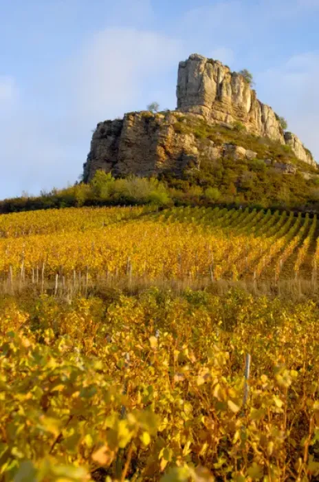 Framed Print : 03. France, Maconnais Region, Roche de Solutre above Pouilly-Fuisse vineyards