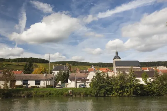 Framed Print : France, Marne, Champagne Region, Cumieres, town riverfront on Marne River Framed Print : France, Marne, Champagne Region, Cumieres, town riverfront on Marne River