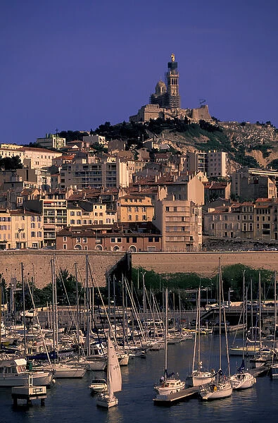 France, Marseille, Provence. View of port and Basillica Notre Dame de la Garde