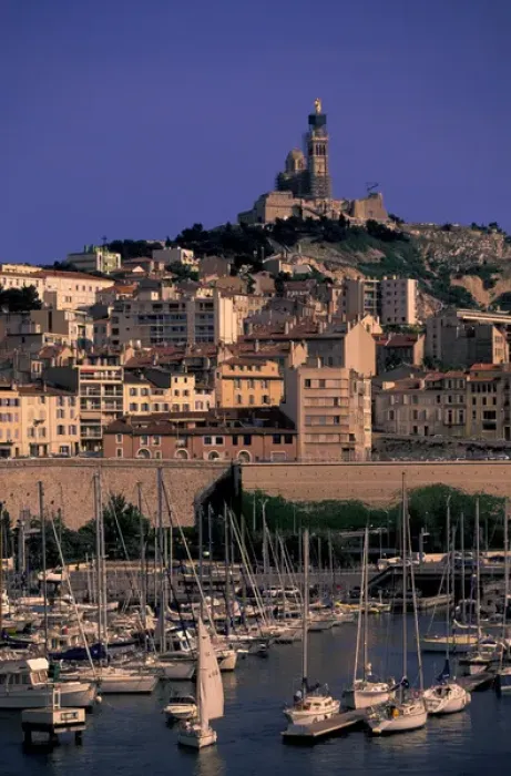 Framed Print : France, Marseille, Provence. View of port and Basillica Notre Dame de la Garde