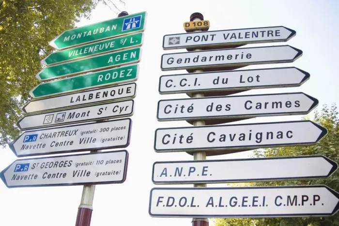 Framed Print : FRANCE, Midi-Pyrenees, Lot Department, Cahors. Many street signs in Cahors for walkers Framed Print : FRANCE, Midi-Pyrenees, Lot Department, Cahors. Many street signs in Cahors for walkers