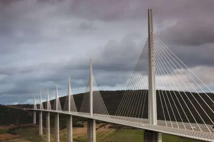 Framed Print : France, Midi-Pyrenees Region, Aveyron Department, Millau, Millau Viaduct Bridge, dusk