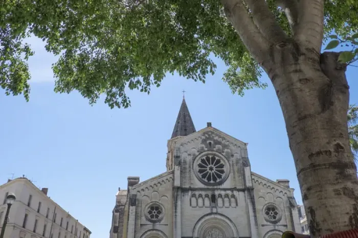 Framed Print : France, Nimes, Saint Paul church. Gothic church with one spire and rose window