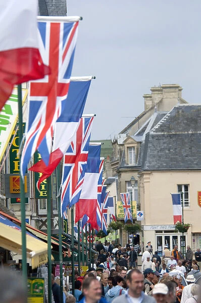 France, Normandy, Arromanches. Ceremonial flags line the streets of Normandy for