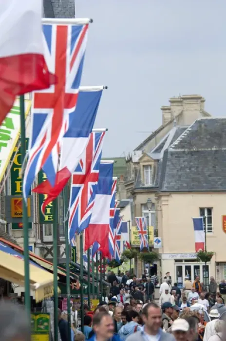 Framed Print : France, Normandy, Arromanches. Ceremonial flags line the streets of Normandy for Framed Print : France, Normandy, Arromanches. Ceremonial flags line the streets of Normandy for
