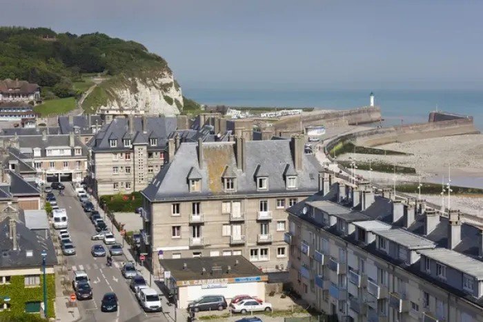 Framed Print : France, Normandy Region, Seine-Maritime Department, St-Valery en Caux, elevated town view Framed Print : France, Normandy Region, Seine-Maritime Department, St-Valery en Caux, elevated town view