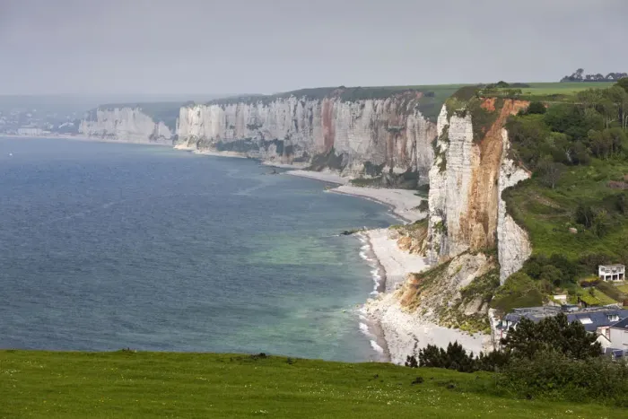Framed Print : France, Normandy Region, Seine-Maritime Department, Yport, town and cliffs, elevated view Framed Print : France, Normandy Region, Seine-Maritime Department, Yport, town and cliffs, elevated view