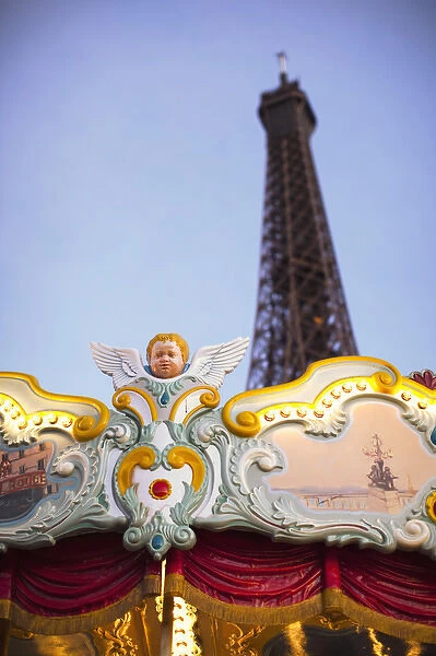 France, Paris, detail of carousel in front of the Eiffel Tower