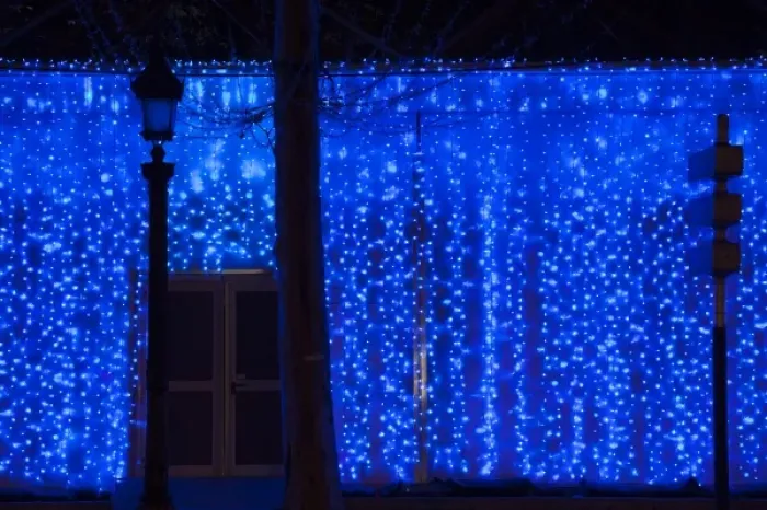 Framed Print : France, Paris, Champs Elysees, building covered in blue lights Framed Print : France, Paris, Champs Elysees, building covered in blue lights