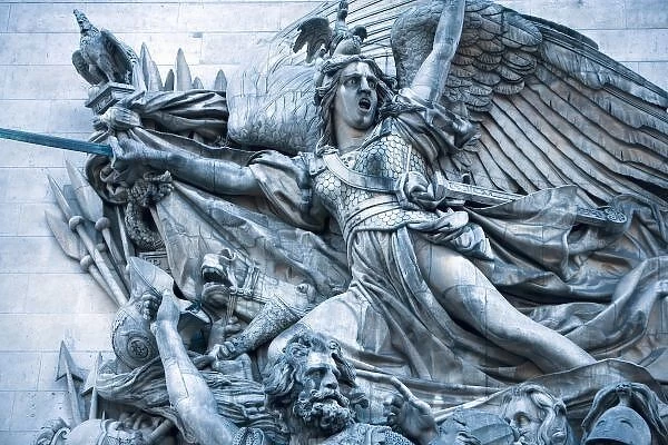 France, Paris. Detail of a heroic sculpture on the Arc de Triomphe. Credit as: Jim