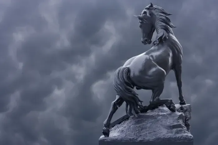 Framed Print : France, Paris. Horse sculpture against storm clouds at entrance of Musee d Orsay