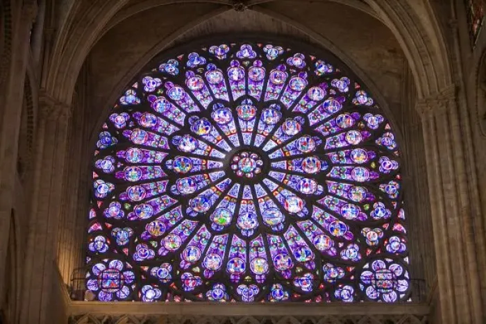 Framed Print : France, Paris. Interior detail of stained glass window in Notre Dame Cathedral. Credit as Framed Print : France, Paris. Interior detail of stained glass window in Notre Dame Cathedral. Credit as