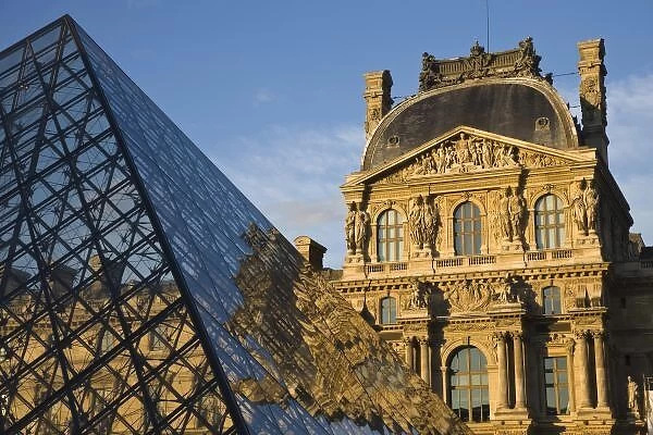 France, Paris, Louvre Museum and the Pyramid, sunset