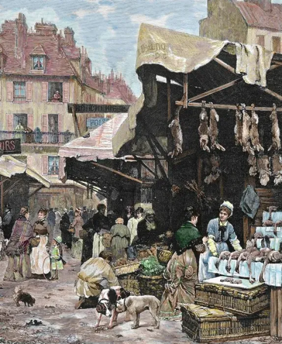 Framed Print : France. Paris. Market. Colored engraving, 1869