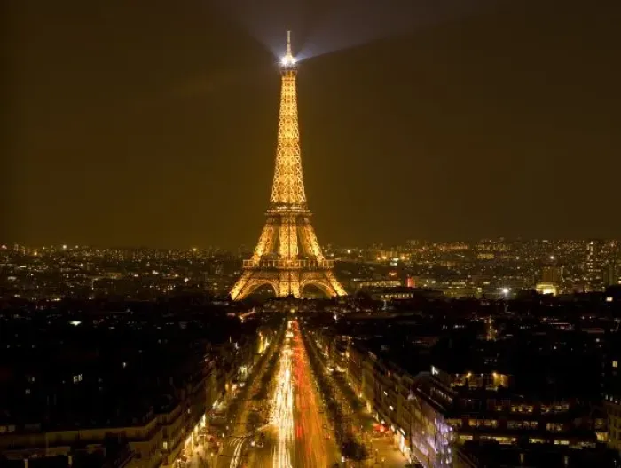 Framed Print : France, Paris. Nighttime view of Eiffel Tower and Champs Elysees (digital composite) Framed Print : France, Paris. Nighttime view of Eiffel Tower and Champs Elysees (digital composite)
