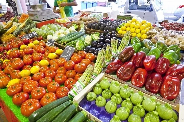 France, Provence, Cannes. Display of vegetables and fruit for sale at market