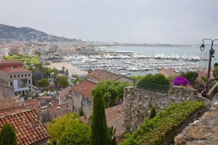 Framed Print : France, Provence, Cannes. Overview of harbor and marina on rainy day. Credit as