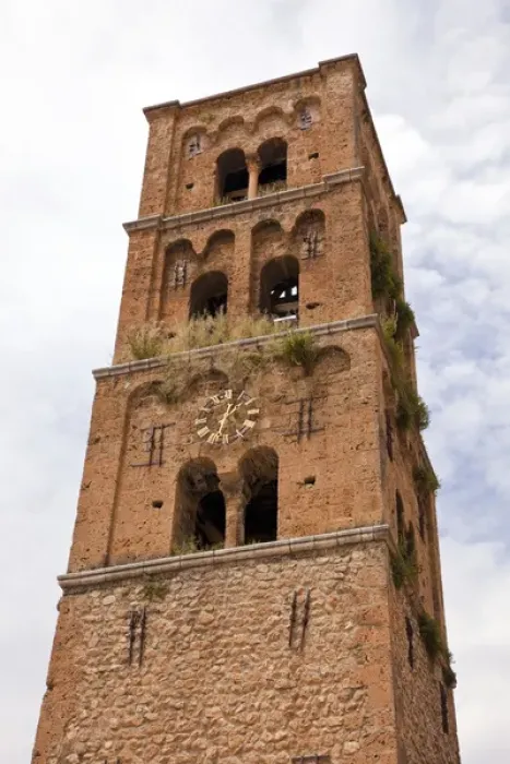 Framed Print : France, Provence, Moustiers-Ste-Marie. Cathedral belltower with clock. Credit as