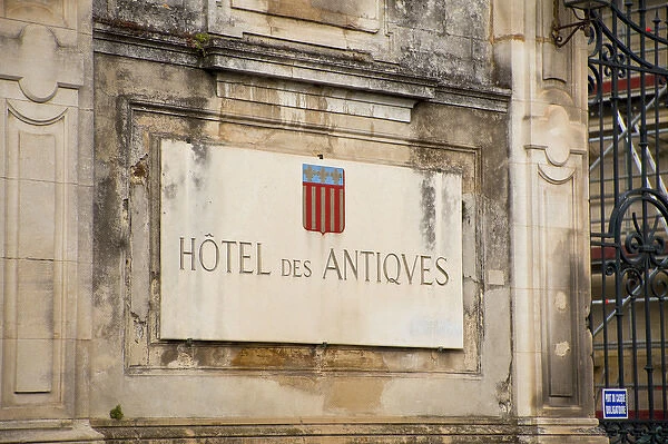 France, Provence, St. Remy-de-Provence. Sign for Hotel des Antiques. Credit as: Fred