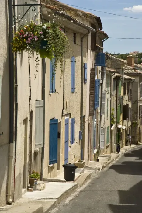 Framed Print : France, Provence, Valensole. A sunny street scene in town Framed Print : France, Provence, Valensole. A sunny street scene in town
