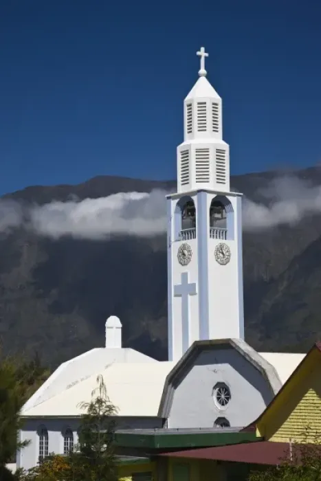 Framed Print : France, Reunion Island, Cirque de Cilaos, Cilaos, Town Church Framed Print : France, Reunion Island, Cirque de Cilaos, Cilaos, Town Church