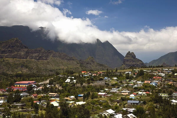 France, Reunion Island, Cirque de Cilaos, Cilaos, town and mountains