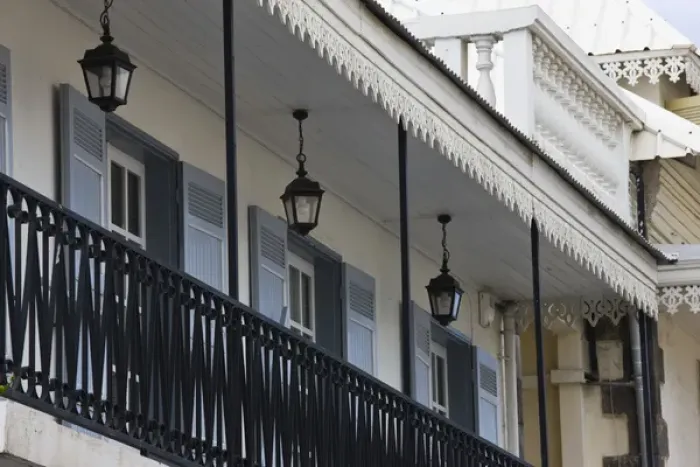 Framed Print : France, Reunion Island, St-Denis, Colonial balcony on Rue Marechal Leclerc
