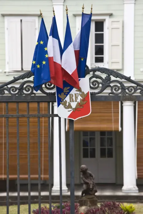 Framed Print : France, Reunion Island, St-Denis, RF Republique France sign on gate of official government